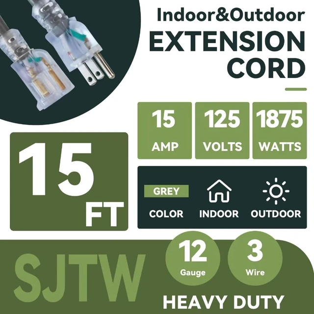 Alt view image 2 of 7 - Indoor Outdoor Extension Cord, 12 Gauge 3 Prong Weatherproof Heavy Duty Gray Extension Cord with Lighted Indicator End, SJTW 15A 15FT Extension Cable for Garage, Garden and Home, UL Listed