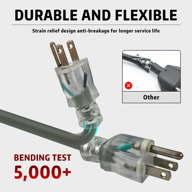 Alt view image 3 of 7 - Indoor Outdoor Extension Cord, 12 Gauge 3 Prong Weatherproof Heavy Duty Gray Extension Cord with Lighted Indicator End, SJTW 15A 15FT Extension Cable for Garage, Garden and Home, UL Listed