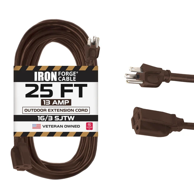 Main image of 16 Gauge Heavy Duty Brown Extension Cord, 25 Ft - SJTW | 16/3 SJTW Cable, 3 Prong Grounded Plug, 13 Amp - For Landscaping, Leaf Blowers, Lights, Appliances