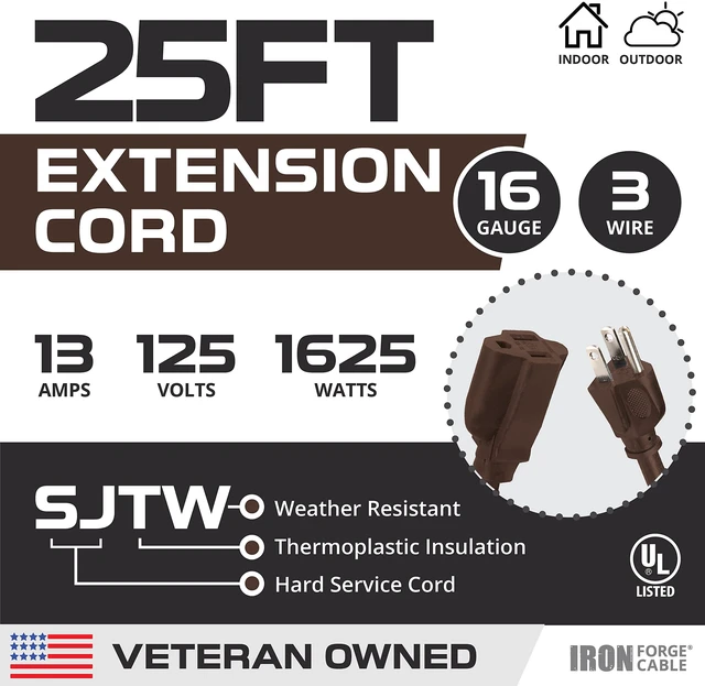 Alt view image 2 of 7 - 16 Gauge Heavy Duty Brown Extension Cord, 25 Ft - SJTW | 16/3 SJTW Cable, 3 Prong Grounded Plug, 13 Amp - For Landscaping, Leaf Blowers, Lights, Appliances