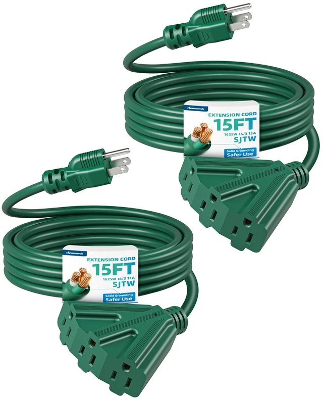 Main image of 2 Pack 15FT Green Outdoor Extension Cord 16/3 SJTW, ETL Listed | Sunproof & Rainproof, Weatherproof Power Cable for Outdoor String Lights, Landscaping Lights, Yard Lighting