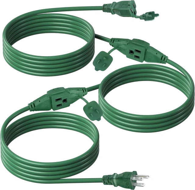 Main image of 25 ft Outdoor Extension Cord w/3 Inline Outlets 16/3 Gauge, SJTW Green for Landscaping & Holiday Decorations, Grounded, ETL Listed