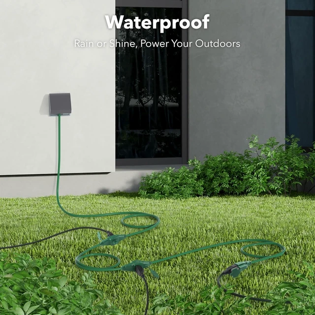 Alt view image 3 of 6 - 25 ft Outdoor Extension Cord w/3 Inline Outlets 16/3 Gauge, SJTW Green for Landscaping & Holiday Decorations, Grounded, ETL Listed