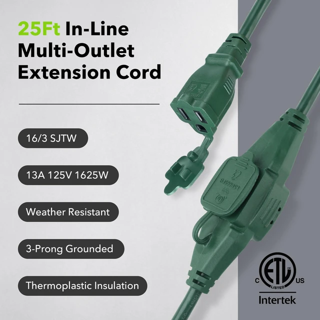 Alt view image 4 of 6 - 25 ft Outdoor Extension Cord w/3 Inline Outlets 16/3 Gauge, SJTW Green for Landscaping & Holiday Decorations, Grounded, ETL Listed