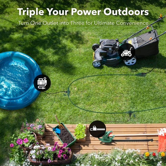 Alt view image 5 of 6 - 25 ft Outdoor Extension Cord w/3 Inline Outlets 16/3 Gauge, SJTW Green for Landscaping & Holiday Decorations, Grounded, ETL Listed