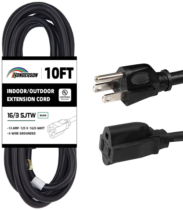 Main image of 10 Ft Black Outdoor Extension Cord, 16 Gauge Heavy Duty Power Cord | 16/3 SJTW Cable, 3 Prong Grounded Plug, Durable Outdoor Jacket, Ideal for Holiday Lights, Garage and Garden