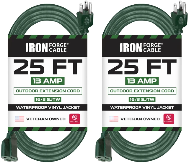 Main image of 16 Gauge Heavy Duty Green Extension Cord, 25 Ft - SJTW | 16/3 SJTW Cable, 2 Pack, 3 Prong Grounded Plug, 13 Amp - For Landscaping, Leaf Blowers, Lights, Appliances
