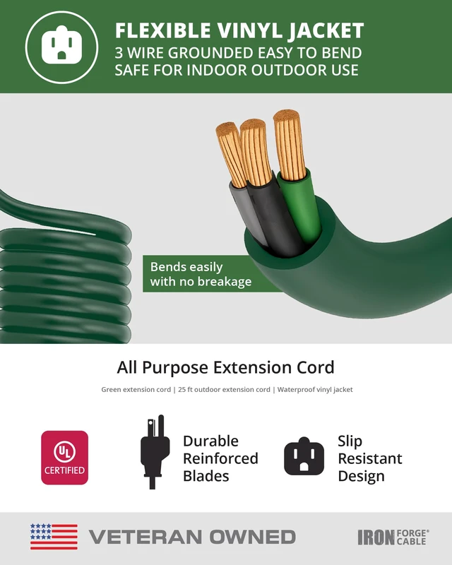 Alt view image 7 of 7 - 16 Gauge Heavy Duty Green Extension Cord, 25 Ft - SJTW | 16/3 SJTW Cable, 2 Pack, 3 Prong Grounded Plug, 13 Amp - For Landscaping, Leaf Blowers, Lights, Appliances