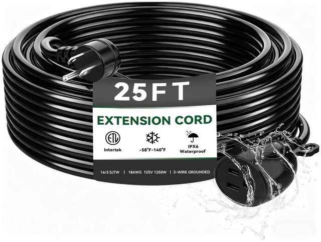 Main image of Outdoor Power Extension Cord,25 Ft,IPX6 Waterproof, Cold Weather & Fireproof, Heavy Duty 3 Prong Cable,18AWG 125V 10A,FCC/ETL Certified for Outdoor/Indoor Use