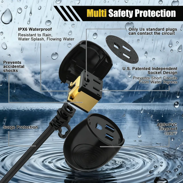 Alt view image 2 of 7 - Outdoor Power Extension Cord,25 Ft,IPX6 Waterproof, Cold Weather & Fireproof, Heavy Duty 3 Prong Cable,18AWG 125V 10A,FCC/ETL Certified for Outdoor/Indoor Use