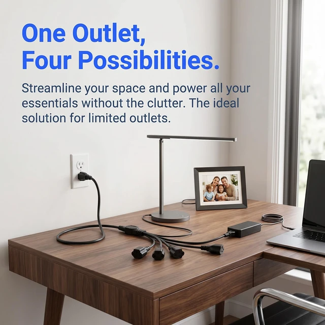Alt view image 4 of 6 - 3 Prong Power Cord Splitter,4 Outlets Short Split Extension Cord 20inch | 1625W Y Style 4 Way Power Cable Outlet Extender Plug Splitter ETL Listed NEMA 5-15P to 4x NEMA 5-15R for Indoor or Outdoor