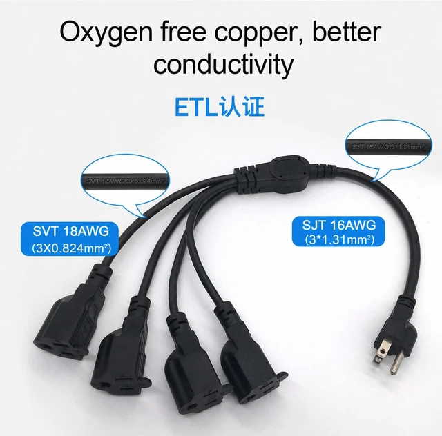 Alt view image 6 of 6 - 3 Prong Power Cord Splitter,4 Outlets Short Split Extension Cord 20inch | 1625W Y Style 4 Way Power Cable Outlet Extender Plug Splitter ETL Listed NEMA 5-15P to 4x NEMA 5-15R for Indoor or Outdoor