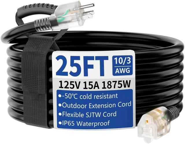Main image of 25ft Outdoor/Indoor Extension Cord with Lighted 10/3 Gauge, Black | 3 Prong, Heavy Duty, SJTW, Waterproof, Flexible Cold-Resistant extension cord for Home, Work or Construction, 15A 125V 1875W
