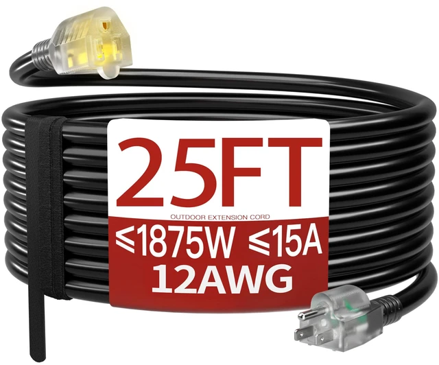 Main image of 25 FT 12 Gauge Extension Cord Outdoor, Black Power Cord | Heavy Duty Extension Cord 25 Ft, Extension Cords with Lighted end, Flame Retardant, 15 Amps 1875 Watts 125 VAC, ETL Listed