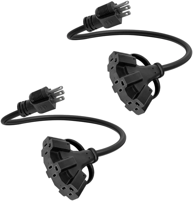 Main image of 1FT 2 Pack 12 Gauge 3 Outlet Outdoor Extension Cord 12/3 Heavy Duty SJTW Power Cord 3 Way Waterproof Power Cable 3 Prong Grounded 12AWG 15Amp 1875W ETL Listed