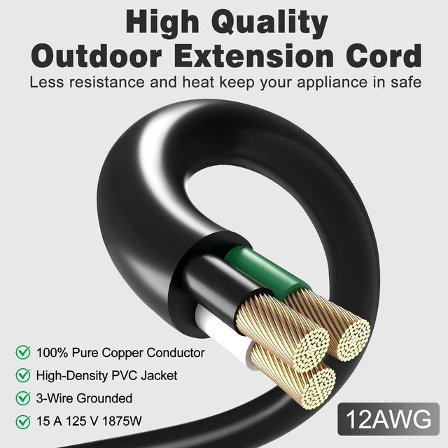 Alt view image 3 of 7 - 1FT 2 Pack 12 Gauge 3 Outlet Outdoor Extension Cord 12/3 Heavy Duty SJTW Power Cord 3 Way Waterproof Power Cable 3 Prong Grounded 12AWG 15Amp 1875W ETL Listed