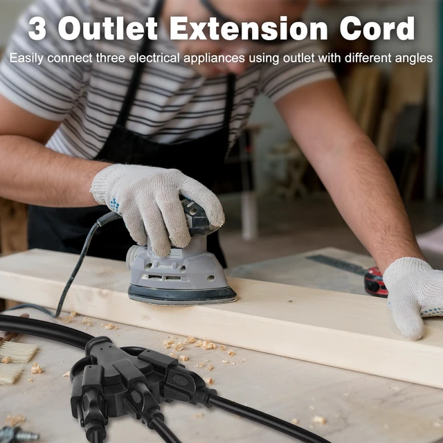 Alt view image 4 of 7 - 1FT 2 Pack 12 Gauge 3 Outlet Outdoor Extension Cord 12/3 Heavy Duty SJTW Power Cord 3 Way Waterproof Power Cable 3 Prong Grounded 12AWG 15Amp 1875W ETL Listed