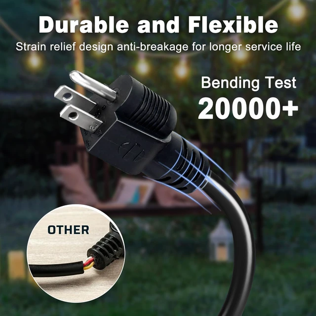 Alt view image 5 of 7 - 1FT 2 Pack 12 Gauge 3 Outlet Outdoor Extension Cord 12/3 Heavy Duty SJTW Power Cord 3 Way Waterproof Power Cable 3 Prong Grounded 12AWG 15Amp 1875W ETL Listed