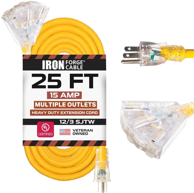 Main image of 25 Foot Lighted Outdoor Extension Cord with 3 Electrical Power Outlets - 12/3 SJTW Heavy Duty Yellow Extension Cable with 3 Prong Grounded Plug for Safety, 15 AMP