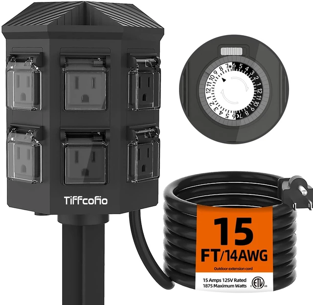 Main image of Outdoor Power Strip Waterproof, 24 Hour Mechanical Timer, 15 ft Extension Cord, 6 Grounded Outlets for Outdoor Lights, ETL Listed (15 FT)