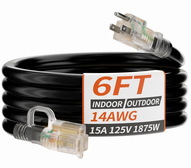 Main image of 14/3 Gauge 6 FT Extension Cord Outdoor, Heavy Duty Extension Cord | Black Extension Cord Waterproof with Lighted Indicator, Short Extension Cord 6 Ft with Hook, 15A 1875W SJTW, ETL Listed