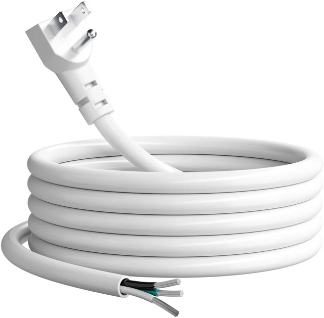 Main image of 16 Gauge Flat Plug Replacement Power Cord 25 Ft with Pigtail Open End, 3 Prong Stripped Wire Electrical Supply Cable, 13A/125V, SJTW, Outdoor for AC Appliances Power Tools Repair & DIY-ETL-White