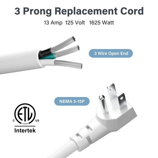 Alt view image 5 of 6 - 16 Gauge Flat Plug Replacement Power Cord 25 Ft with Pigtail Open End, 3 Prong Stripped Wire Electrical Supply Cable, 13A/125V, SJTW, Outdoor for AC Appliances Power Tools Repair & DIY-ETL-White
