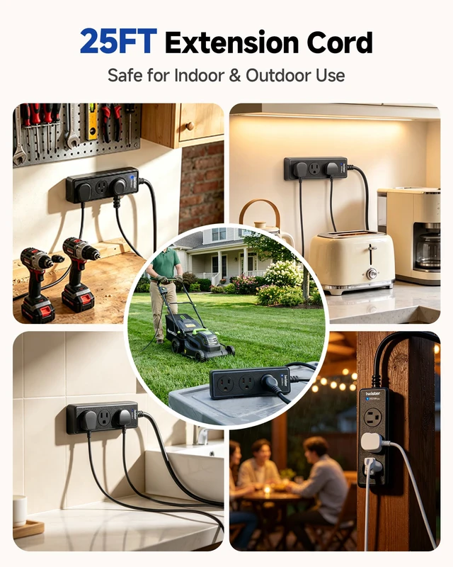 Alt view image 4 of 7 - Outdoor Power Strip Weatherproof, 25FT Extension Cord, 3 AC Outlets | 1625W/13A,IPX6 Waterproof Extension Cord for Backyard, Patio, Home Office, Garage, Workshop, Camping,Pool, Wall Mountable