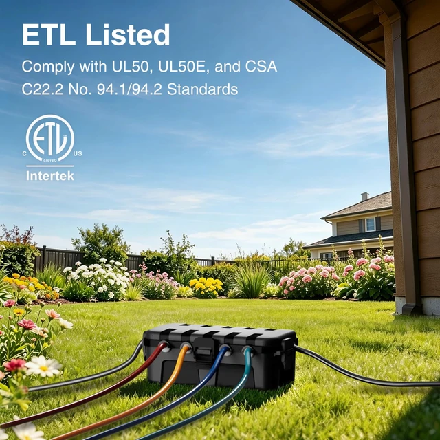 Alt view image 2 of 7 - Medium Outdoor Electrical Box, ETL Certified IP54 Waterproof Extension Cord Cover w/6 Cable Entry Ports, Weatherproof Connection Box for Power Strip, Timer, Plug, Holiday Lights, Black