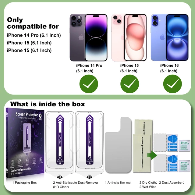 Alt view image 2 of 7 - [2-Pack Screen Protector for iPhone iPhone 14 Pro / 15/16, Auto Alignment Installation Frame, Military-Grade Tempered Glass, Full Coverage