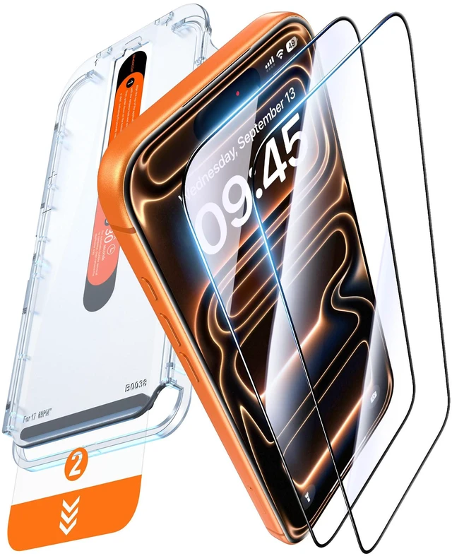 Main image of Top 9H++ Glass 2 Pack for iPhone 17 Pro Screen Protector 6.3'' | 13FT Drop Tested, Stronger Edge Protection, Military-Grade Armor, Case Friendly, Easy Installation, Bubble-Free, Anti-Scratch