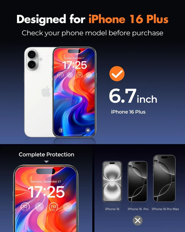 Alt view image 2 of 7 - 2-Pack Screen Protector for iPhone 16 Plus Tempered Glass | Military Grade Shatterproof, 9H+ Hardness, 99.99% HD Clear, Bubble-Free, Easy Installation Frame, for iPhone 16 Plus