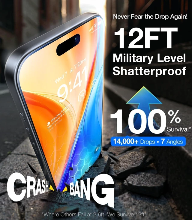 Alt view image 3 of 7 - UNBREAK TOP 9H+ Glass for iPhone 15 Screen Protector, 2 Pack | 12FT Military Grade Shatterproof, iPhone 15 Screen Protector, Tempered Glass, Longest Durable, Full Coverage