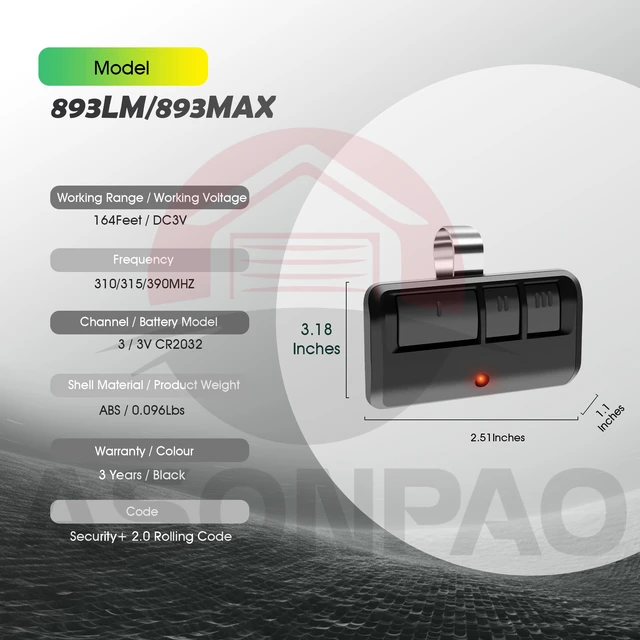 Alt view image 7 of 7 - 2-Pack 893LM 893MAX Universal LiftMaster Garage Door Opener Remote | 3-Year Warranty FCC Certified Compatible with 371LM 373LM 971LM 973LM 81LM 83LM