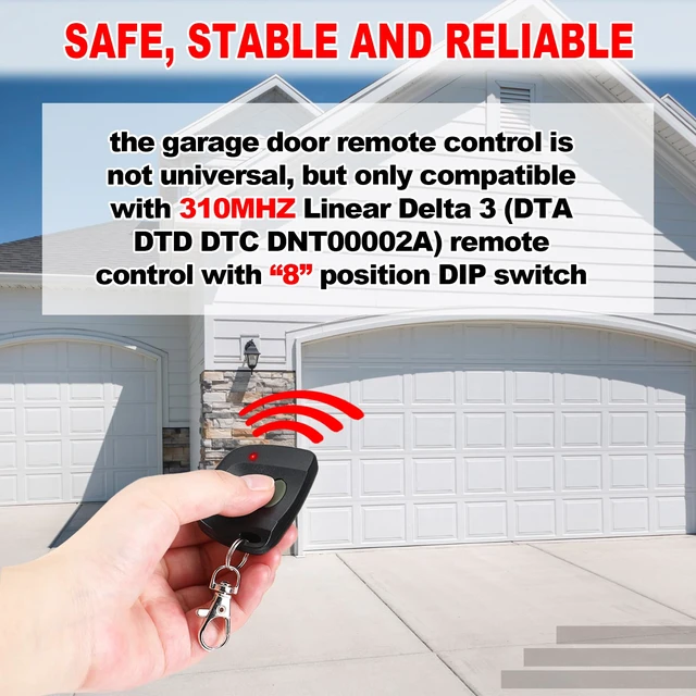 Alt view image 3 of 6 - 3 Pcs Gate Opener Compatible with Linear Delta 3, Black, Grey | 8 Dip Switch 310mhz, Compatible with DT DTA DTD DTC DNT00002A, Garage Door Remote with Keychain