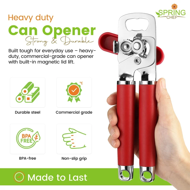 Alt view image 2 of 7 - Stainless Steel Manual Can Opener with Soft Grip Handles, Red | Heavy Duty Hand Can Opener for Seniors with Smooth Edge, Easy Turn, 3in1 Can Opener with Magnetic Lid Remover & Bottle Opener
