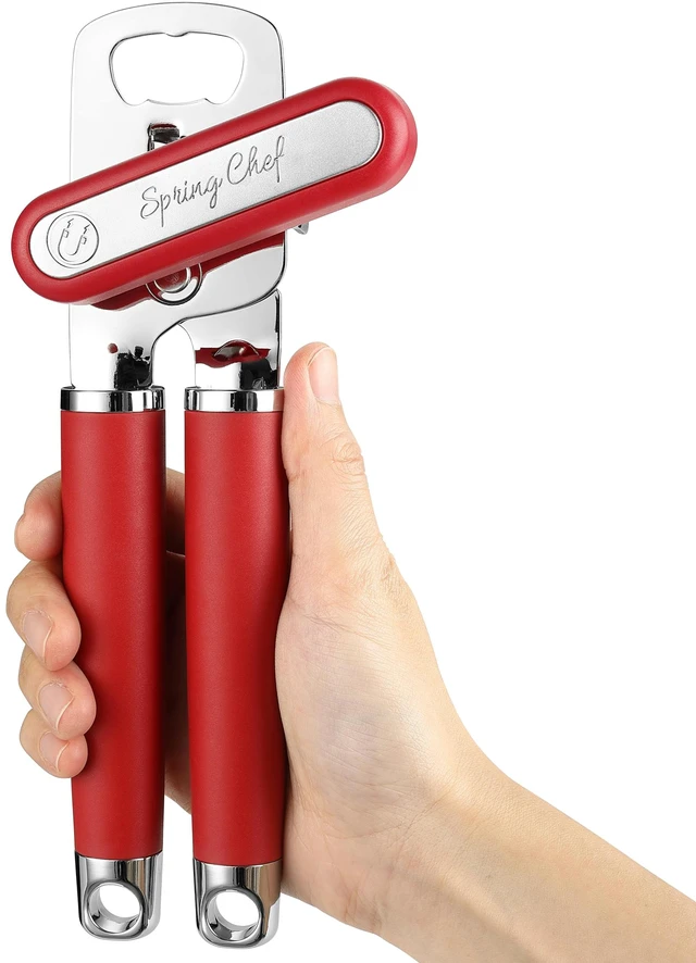 Main image of Stainless Steel Manual Can Opener with Soft Grip Handles, Red | Heavy Duty Hand Can Opener for Seniors with Smooth Edge, Easy Turn, 3in1 Can Opener with Magnetic Lid Remover & Bottle Opener