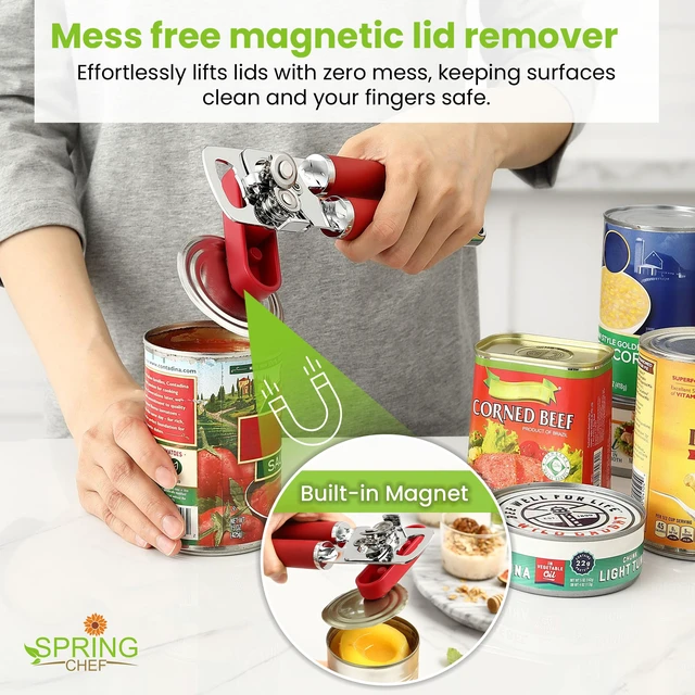 Alt view image 6 of 7 - Stainless Steel Manual Can Opener with Soft Grip Handles, Red | Heavy Duty Hand Can Opener for Seniors with Smooth Edge, Easy Turn, 3in1 Can Opener with Magnetic Lid Remover & Bottle Opener