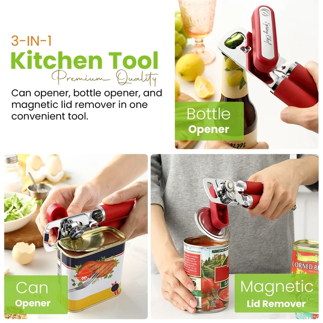 Alt view image 4 of 7 - Stainless Steel Manual Can Opener with Soft Grip Handles, Red | Heavy Duty Hand Can Opener for Seniors with Smooth Edge, Easy Turn, 3in1 Can Opener with Magnetic Lid Remover & Bottle Opener
