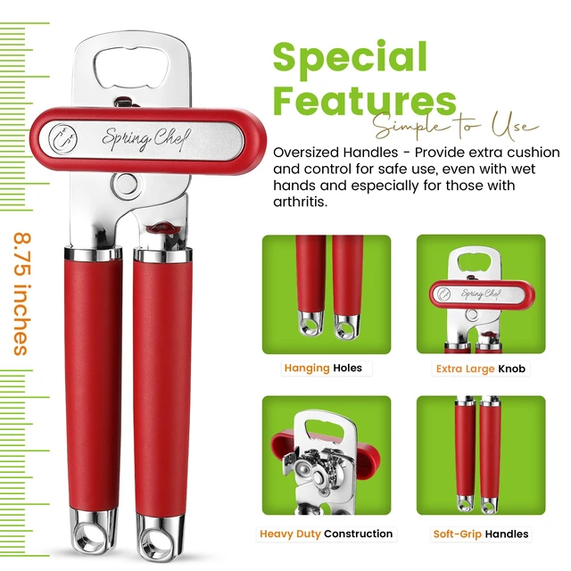 Alt view image 3 of 7 - Stainless Steel Manual Can Opener with Soft Grip Handles, Red | Heavy Duty Hand Can Opener for Seniors with Smooth Edge, Easy Turn, 3in1 Can Opener with Magnetic Lid Remover & Bottle Opener