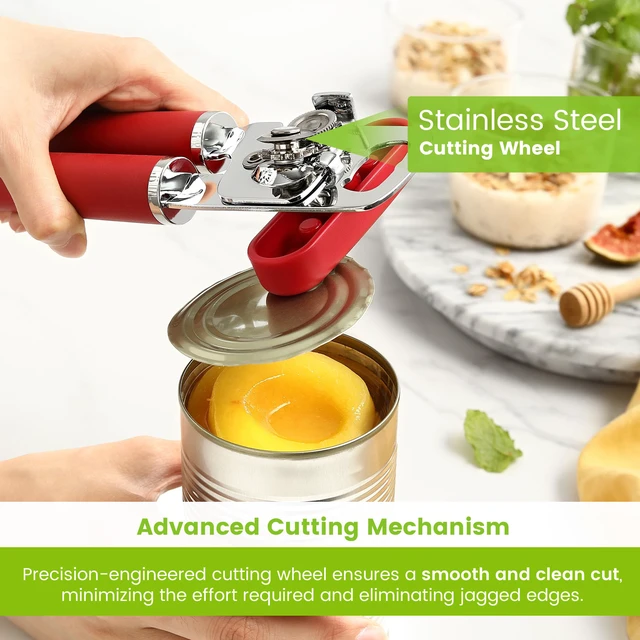 Alt view image 5 of 7 - Stainless Steel Manual Can Opener with Soft Grip Handles, Red | Heavy Duty Hand Can Opener for Seniors with Smooth Edge, Easy Turn, 3in1 Can Opener with Magnetic Lid Remover & Bottle Opener