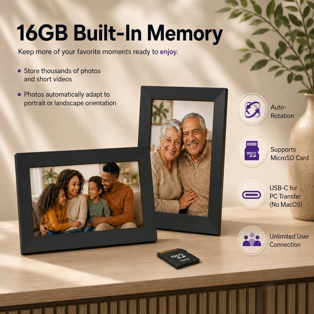 Alt view image 4 of 7 - 8 WiFi Digital Picture Frame HD Touchscreen, 16GB Storage, MicroSD/USB-C, Auto-Rotate, App Sharing Electric Picture Frame Slideshow, for Desk & Family Use, Moms Birthday Gifts, (Black)