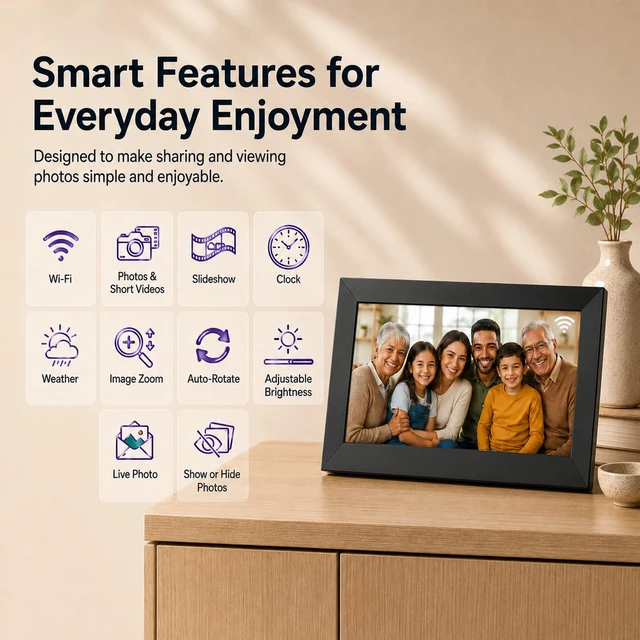 Alt view image 5 of 7 - 8 WiFi Digital Picture Frame HD Touchscreen, 16GB Storage, MicroSD/USB-C, Auto-Rotate, App Sharing Electric Picture Frame Slideshow, for Desk & Family Use, Moms Birthday Gifts, (Black)