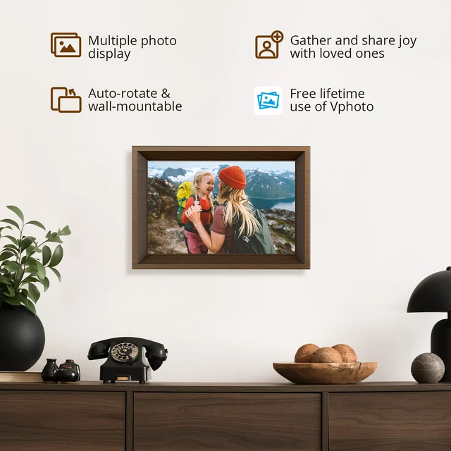 Alt view image 3 of 7 - Digital Picture Frame -10.1 WiFi Digital Photo Frame for Gifts,Show Videos on Auto-Rotate & Wall-Mountable Touch Screen Frame,Easy Share, Send via Phone APP, Email,Wood Brown