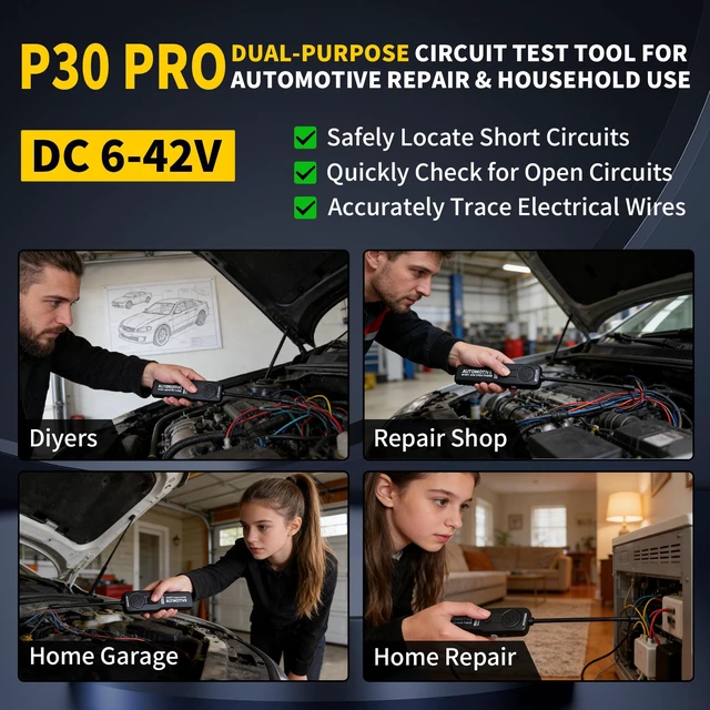 Alt view image 2 of 6 - P30 Pro Circuit Tracer with Dual LED Lights, Automotive Electrical Open & Short Finder, Fault Probe Cable Tester, Diagnostic Tool for Vehicle Wiring Repair, Cable Toner, DC 6-42V(With Battery)