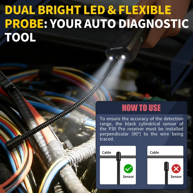 Alt view image 4 of 6 - P30 Pro Circuit Tracer with Dual LED Lights, Automotive Electrical Open & Short Finder, Fault Probe Cable Tester, Diagnostic Tool for Vehicle Wiring Repair, Cable Toner, DC 6-42V(With Battery)