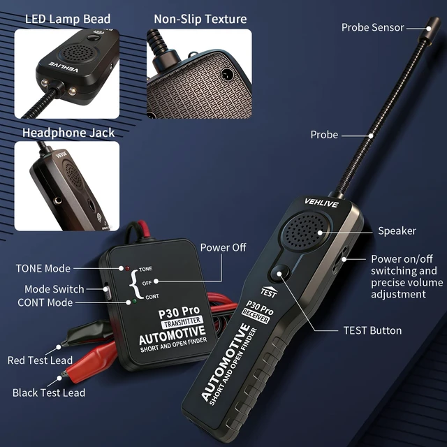 Alt view image 5 of 6 - P30 Pro Circuit Tracer with Dual LED Lights, Automotive Electrical Open & Short Finder, Fault Probe Cable Tester, Diagnostic Tool for Vehicle Wiring Repair, Cable Toner, DC 6-42V(With Battery)