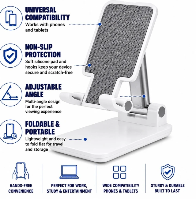 Alt view image 3 of 5 - Adjustable Phone Stand for Desk, Foldable Cell Phone Holder, Portable Non-Slip Stand for iPhone, Samsung, Tablet Nexora