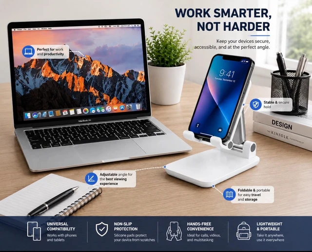 Alt view image 5 of 5 - Adjustable Phone Stand for Desk, Foldable Cell Phone Holder, Portable Non-Slip Stand for iPhone, Samsung, Tablet Nexora