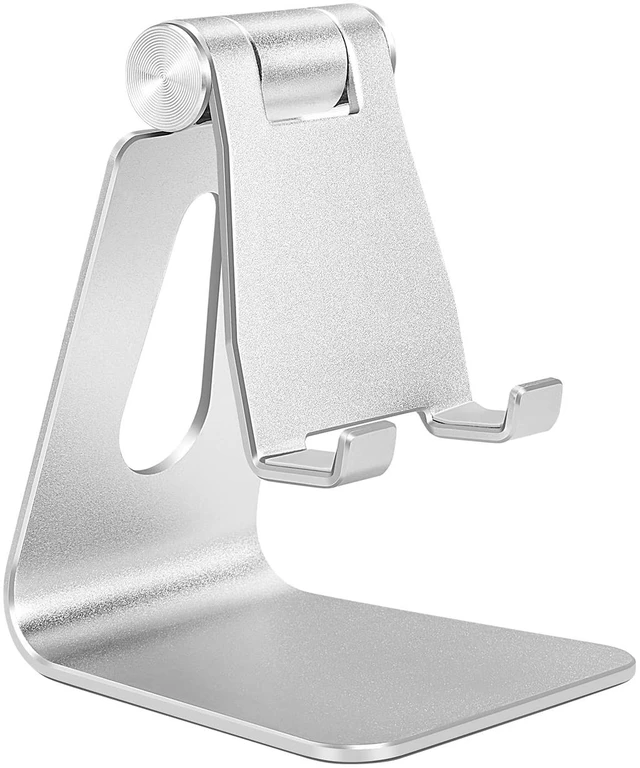 Main image of Silver Foldable Aluminum Alloy Cell Phone Holder,Tabletop Metal Phone Stand with Adjustable Angle by Swivel Axis,Smartphone Cradle